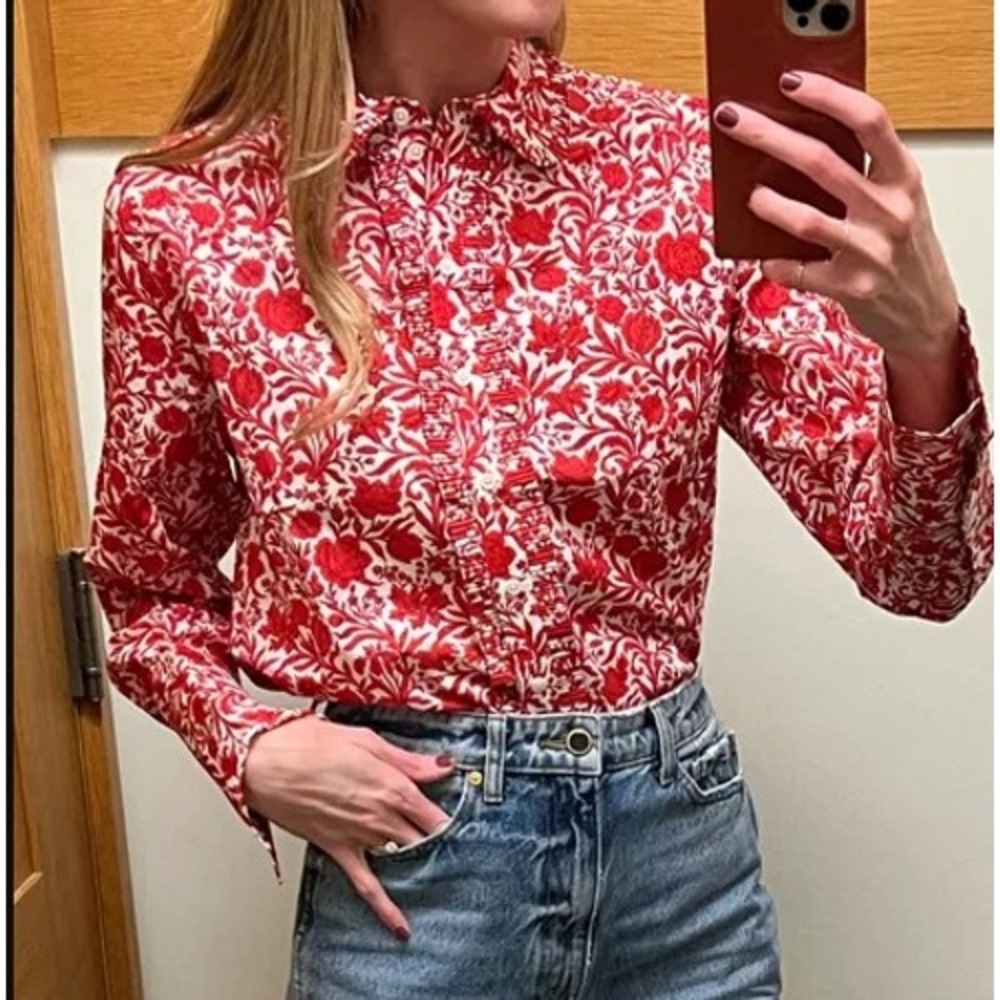 NWOT J.Crew Cropped Garcon Shirt Liberty Sambourne Fabric Womens 4 Red Ruffle